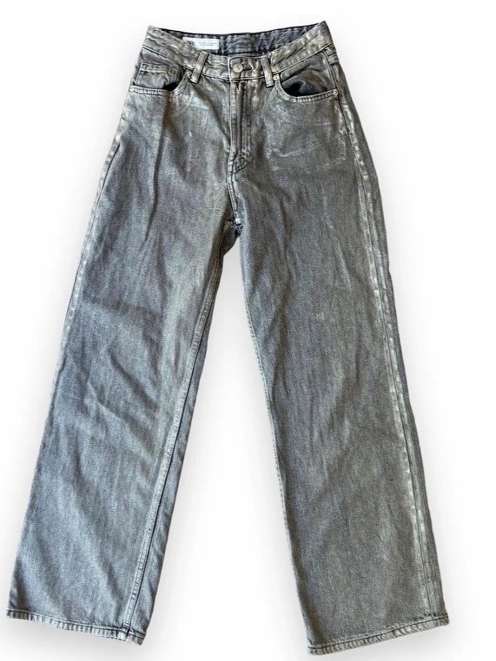 ZARA Metallic Silver Foil Wide Leg Jeans Size US 2 / EUR 34